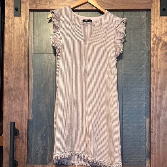 Maven West Dresses & Skirts - Striped V-Neck Ruffle Sleeve Dress - Neutral Stripe